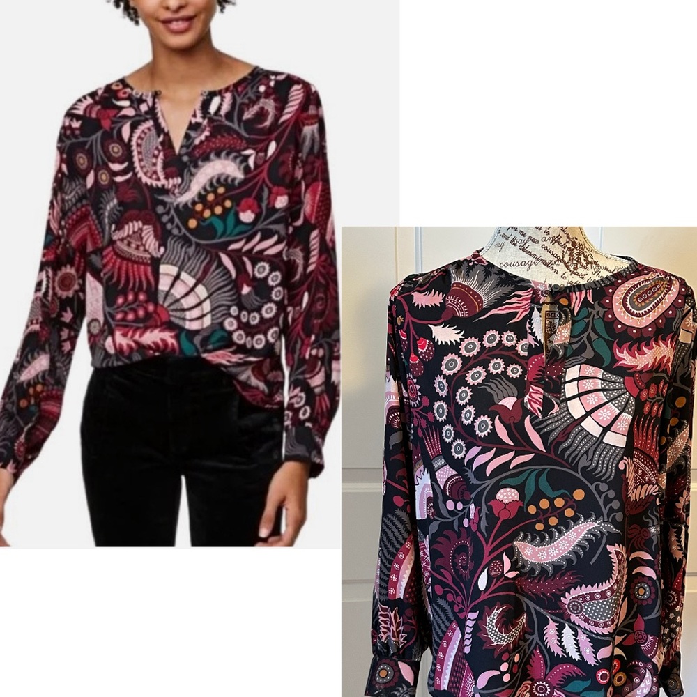 LOFT cranberry floral paisley keyhole blouse - XS